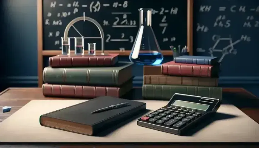 Scientific study setup with calculator, stack of red, blue, green books, beaker with blue liquid, protractor on paper, and compass on blackboard.