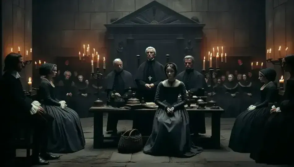 Scena di processo per stregoneria del XVII secolo in aula giudiziaria con giudice, assistenti, donna accusata e guardie.