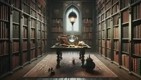 Biblioteca antica con scaffali in legno scuro pieni di libri rilegati, tavolo con sfera di cristallo, bacchetta e calderone, tappeto persiano e luce soffusa.