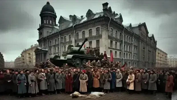 Manifestanti della Rivoluzione Russa del 1917 attorno a un carro armato, con edifici grigi sullo sfondo e una bandiera rossa sventolata.