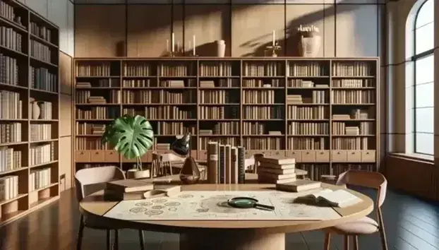 Biblioteca acogedora con estantes de madera repletos de libros, mesa central con libros abiertos y lupa, ventana grande y planta interior.