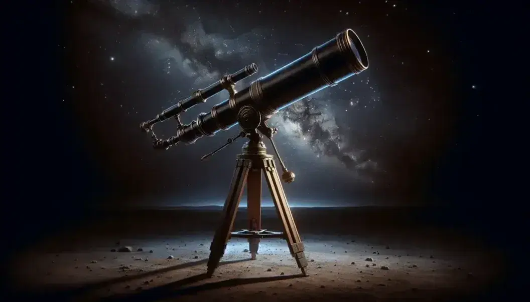 Telescopio rifrattore antico su treppiede in legno orientato verso un cielo stellato senza nuvole con silhouette di albero spoglio.