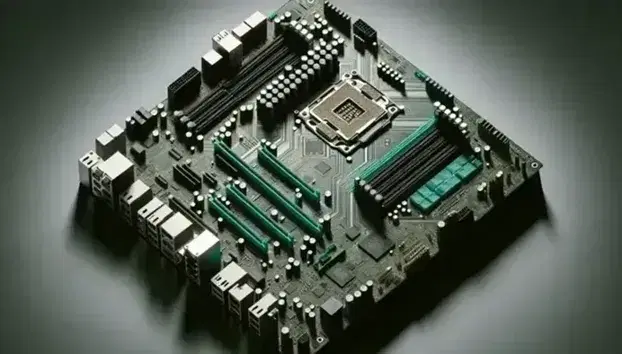 Placa base de computadora en vista superior mostrando zócalo de CPU, capacitores, ranuras de memoria RAM y puertos de expansión.