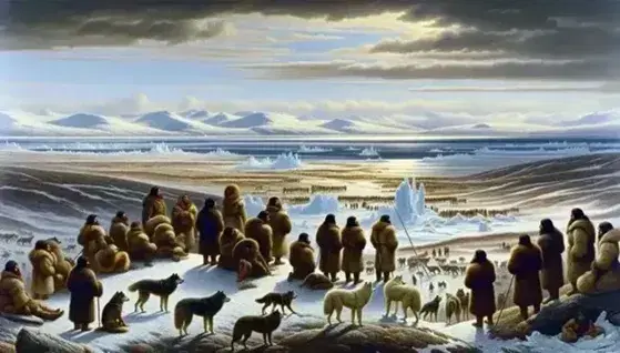 Paesaggio innevato dello Stretto di Bering con figure umane in pellicce e cani simili a lupi, montagne all'orizzonte e abitazioni primitive.