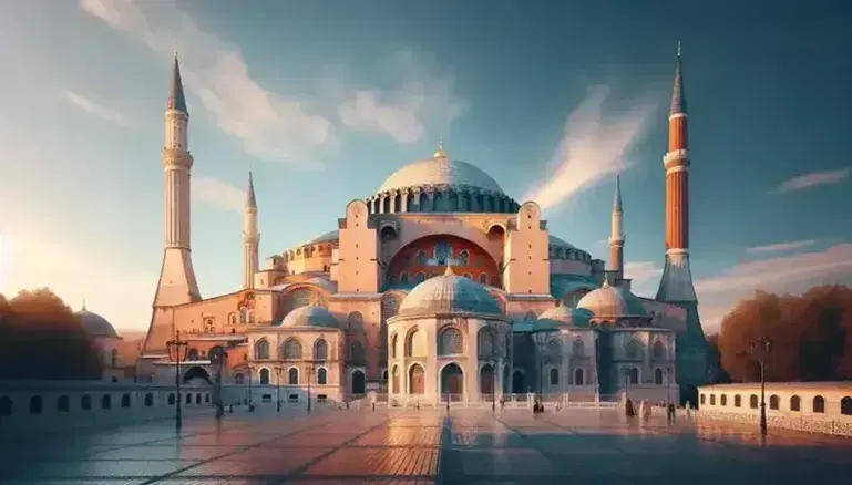 Hagia Sophia a Istanbul con cupola grigia, semi-cupole e minareti che si stagliano su cielo azzurro, dettagli architettonici in evidenza e persone nella piazza antistante.