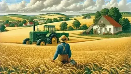 Paesaggio rurale tedesco con campo di grano dorato, colline verdi, fattoria e agricoltore vicino a trattore sotto cielo azzurro.