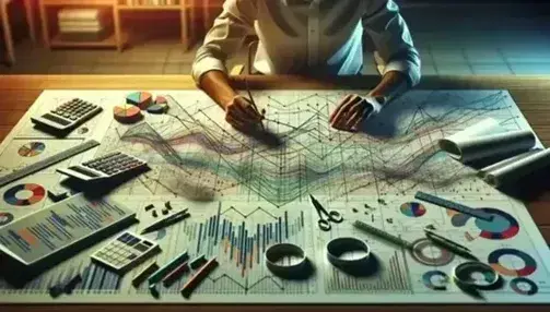 Economist analyzing colorful abstract graphs and charts on a desk with a calculator, ruler, and compass, in a softly lit academic setting.