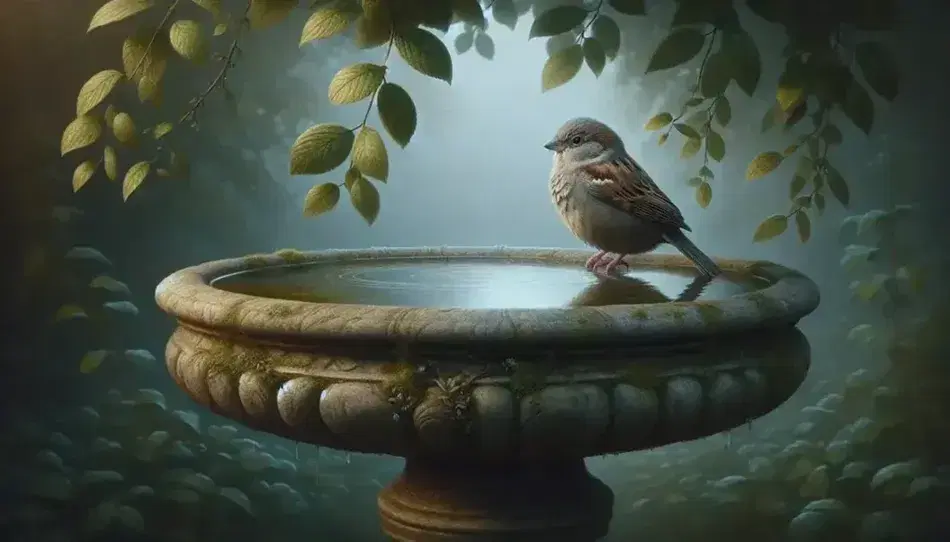 Sparrow perched on a mossy stone birdbath in a lush garden, with soft reflections and a blurred floral backdrop.