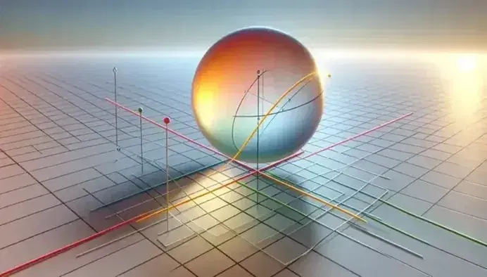 Modello 3D di sistema di coordinate cartesiane con assi colorati, piano grigio traslucido e sfera arancione tangente al piano.
