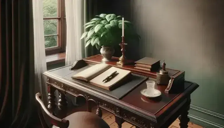 Victorian-era writing desk with open leather-bound notebook, antique brass pen, and porcelain inkwell by a window with sheer curtains and a potted plant.