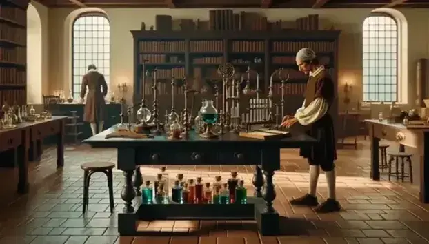 Escena de laboratorio de la Edad Moderna con un hombre examinando un frasco con líquido rojo, mesas con instrumentos metálicos antiguos y estantes con libros.