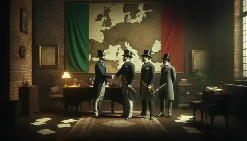 Tre diplomatici ottocenteschi si stringono la mano davanti a una mappa del mondo, in un ufficio con bandiera italiana e scrivania con penna d'oca.