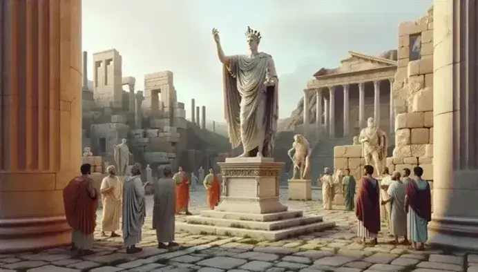 Scena di un foro romano antico con statua di re, rovine, figure in toga e oggetti storici sotto un cielo azzurro.