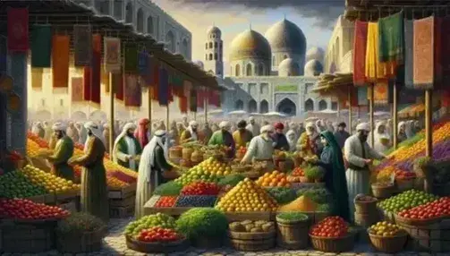 Mercato all'aperto in città mediorientale con banco frutta e verdura colorato, persone in abiti tradizionali e architettura tipica.