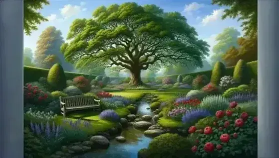 Serene spring garden with colorful blooms, an old oak tree with a wooden bench underneath, a babbling stream, and a clear blue sky.
