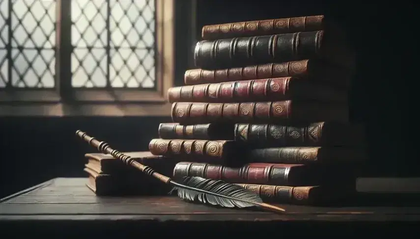 Pila di antichi libri in pelle su scrivania di legno scuro con bacchetta magica intagliata e piuma di gufo, in atmosfera vintage e misteriosa.