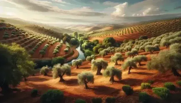 Panorama della campagna portoghese con filari di ulivi, alberi di sughero e un ruscello serpeggiante tra colline morbide sotto un cielo azzurro.