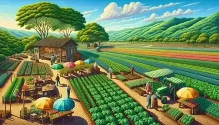 Paesaggio rurale colorato con campo coltivato, alberi da frutto, area agri-turistica con persone, trattore in azione e mercato contadino.