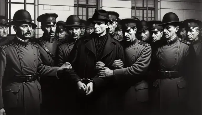 Arresto di uomo in cappotto e cappello da militari in uniforme davanti a edificio storico, atmosfera drammatica in bianco e nero.