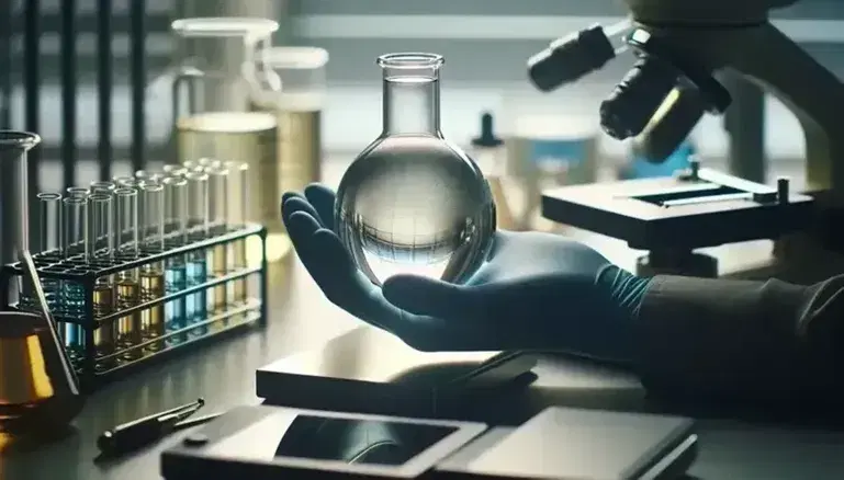 Close-up view of a gloved hand holding a glass flask with clear liquid in a lab, with a microscope and test tubes in the background.