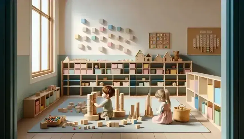 Aula luminosa con bambino e bambina che giocano con blocchi educativi colorati su tappeto azzurro, scaffali con materiali didattici sullo sfondo.