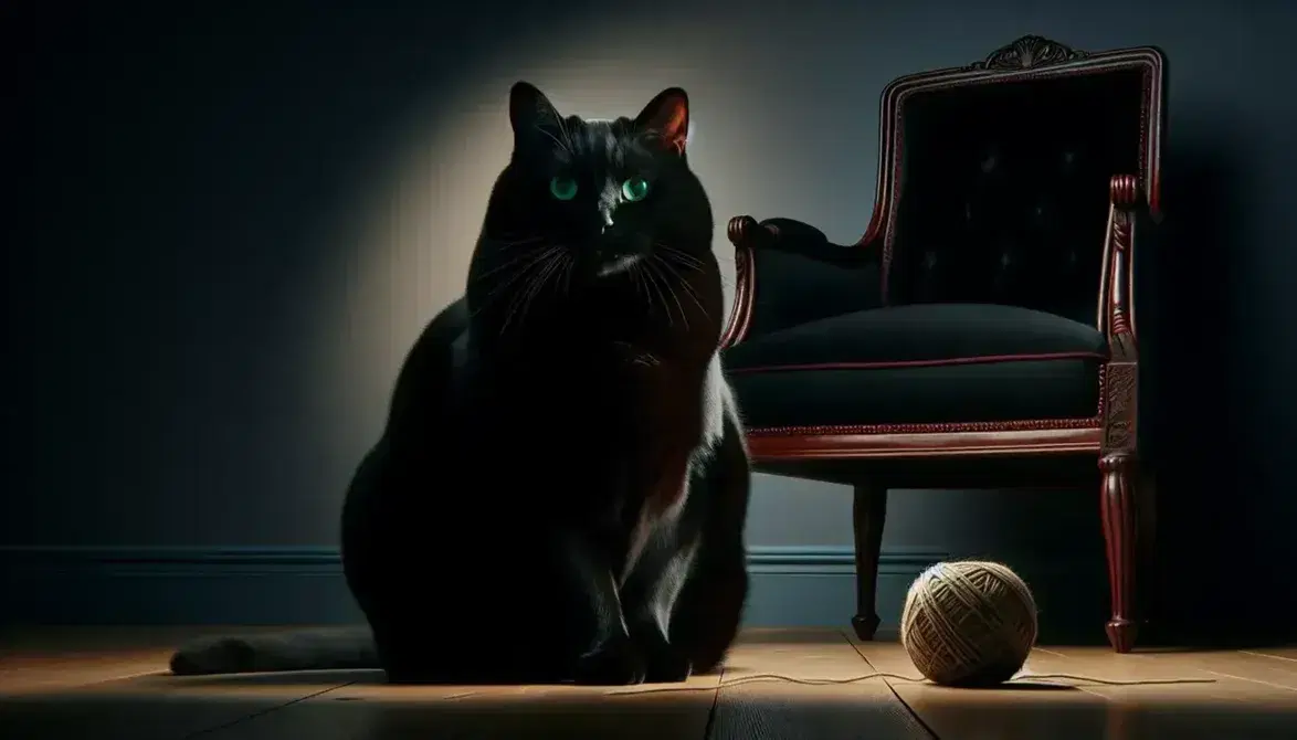 Gatto nero con occhi verdi seduto su pavimento di legno accanto a palla di spago e poltrona antica in velluto rosso.