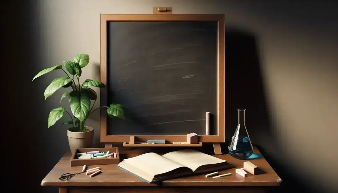 Classic blackboard on wooden easel with chalk and eraser, textbook, blue liquid in flask, and green potted plant on desk against a neutral wall.