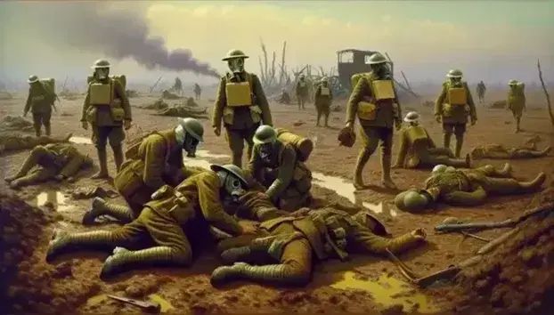 World War I soldiers in distress post-gas attack, with gas masks on, amidst a hazy, gas-filled battlefield with craters and debris.