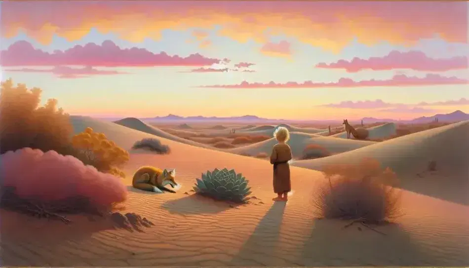 Niño rubio solitario en una duna de un paisaje desértico al atardecer, con un zorro observando y suaves tonos pastel en el cielo crepuscular.