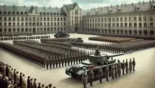 Parata militare in piazza con soldati in uniforme grigio-verde e elmetti, fucili con baionette alzate, veicolo corazzato grigio e spettatori in abiti d'epoca.