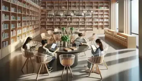 Biblioteca moderna con estantes de madera clara llenos de libros, mesa redonda con estudiantes usando tabletas y tomando notas, planta verde al fondo.