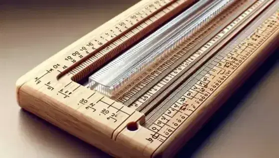 Close-up view of a vintage slide rule with a clear plastic cursor, showcasing detailed logarithmic scales etched into polished wood against a blurred gray background.