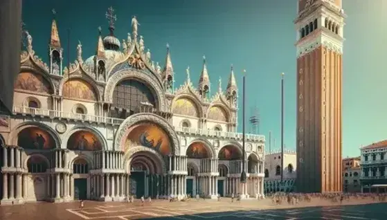 Vista parziale della Basilica di San Marco a Venezia con facciata ornata di mosaici e campanile adiacente, sotto un cielo azzurro.