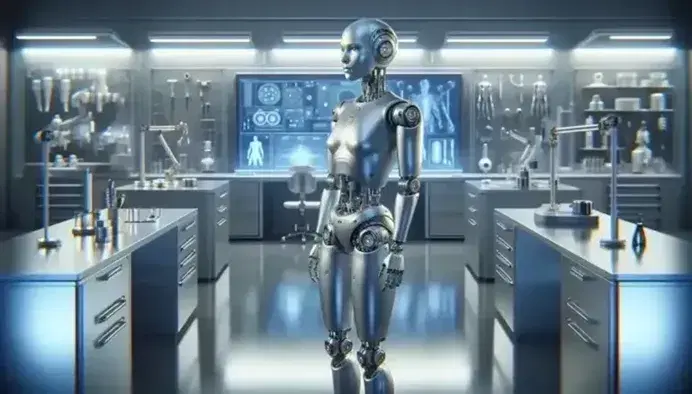 Robot umanoide argenteo in laboratorio moderno con pannelli di controllo e strumenti di precisione, in posa neutra e ambiente futuristico.