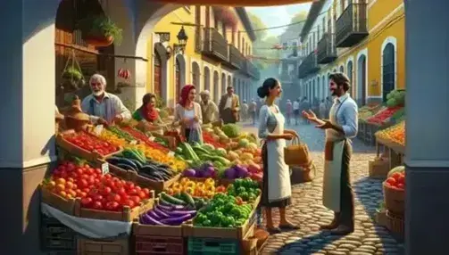 Vibrant outdoor market scene with colorful produce on display, a vendor engaging with a customer, and diverse shoppers in a quaint street setting.