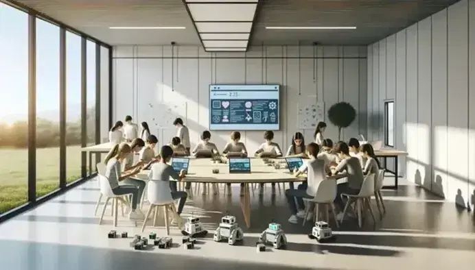 Aula moderna e luminosa con studenti intorno a un tavolo ovale, impegnati con tablet, laptop e robot educativi, in un ambiente accogliente con piante verdi.