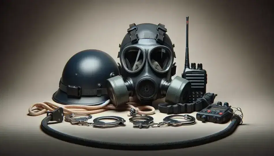 Maschera antigas nera con filtri laterali grigi e lenti trasparenti, elmetto di sicurezza blu scuro, walkie-talkie nero e manette metalliche su sfondo neutro.