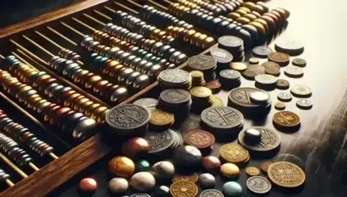 Monete antiche di varie forme e metalli su superficie in legno scuro con accanto ciottoli levigati e sfondo sfocato di abaco colorato.
