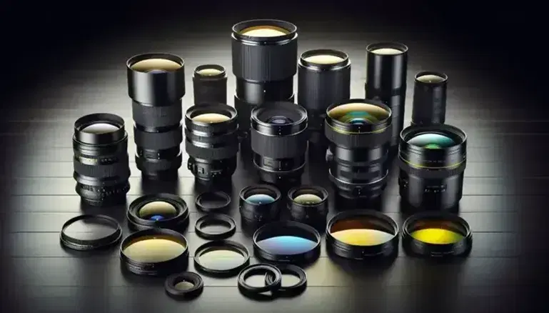 Obiettivi fotografici assortiti su superficie in legno scuro con filtri colorati accanto e sfondo sfocato di fotocamera DSLR su treppiede.