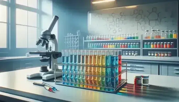 Laboratorio de investigación con tubos de ensayo de colores en soporte metálico y microscopio plateado, estantes con frascos de polvos y pizarra al fondo.