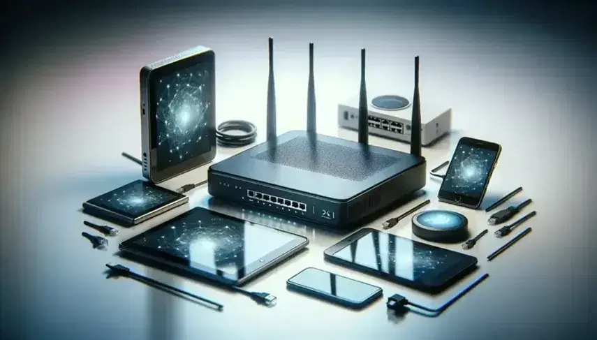 Router moderno nero con antenne, laptop collegato via cavo Ethernet, tablet, smartphone e dispositivo IoT su superficie chiara con sfondo di piante.
