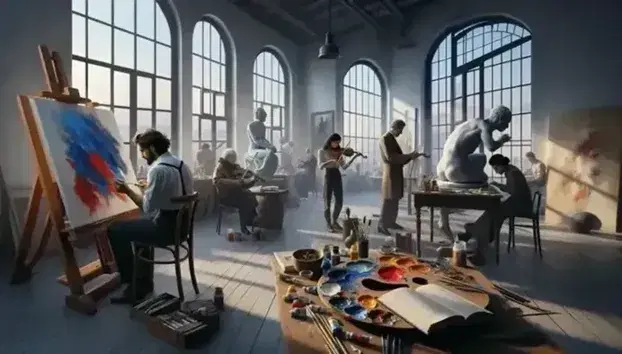 Diverse artists in a sunlit studio with a painter, a reader, a sculptor, and a violinist deeply focused on their creative pursuits.