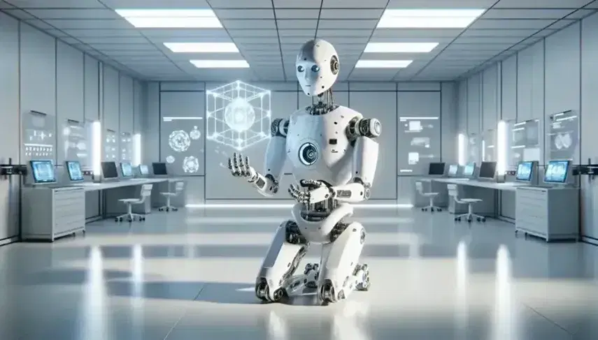 Robot umanoide bianco e argento manipola cubo 3D trasparente in laboratorio di ricerca futuristico senza testo visibile.
