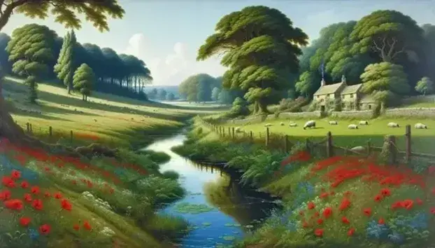 Pastoral English countryside scene with red poppies, grazing sheep by a stream, and a thatched-roof cottage nestled among mature trees.